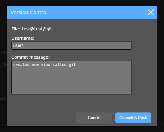 Commit-Dialog mit Name und Message
