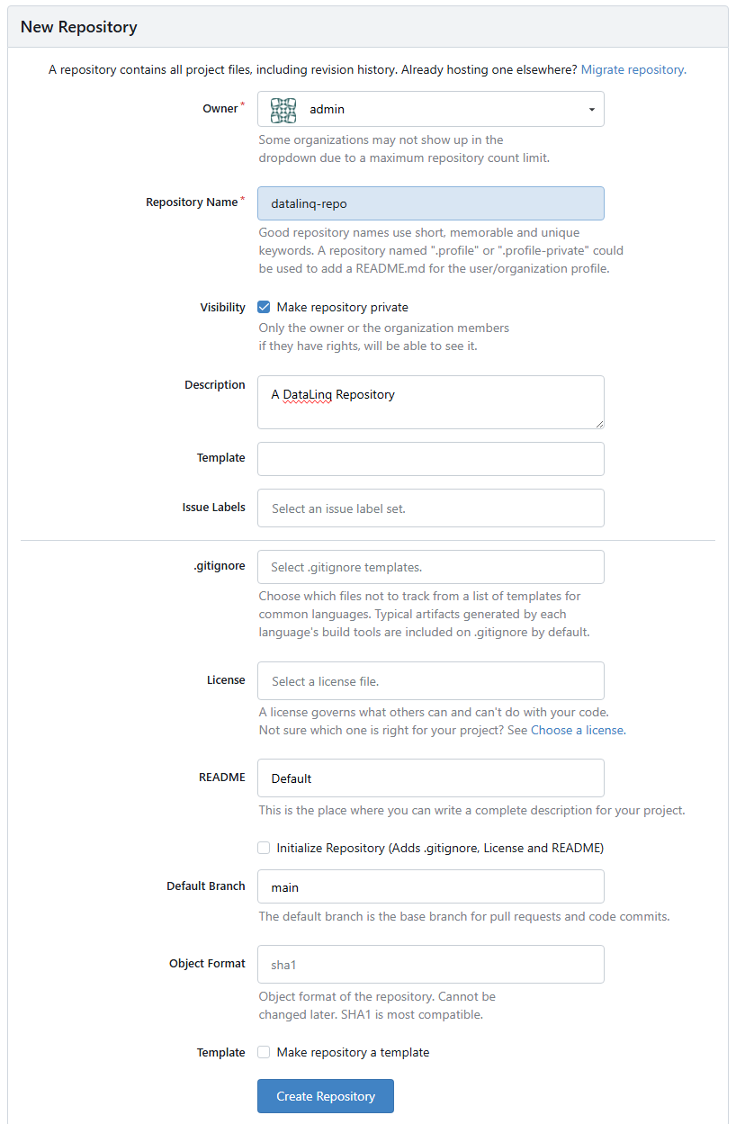 Repository-Details und Branch-Konfiguration