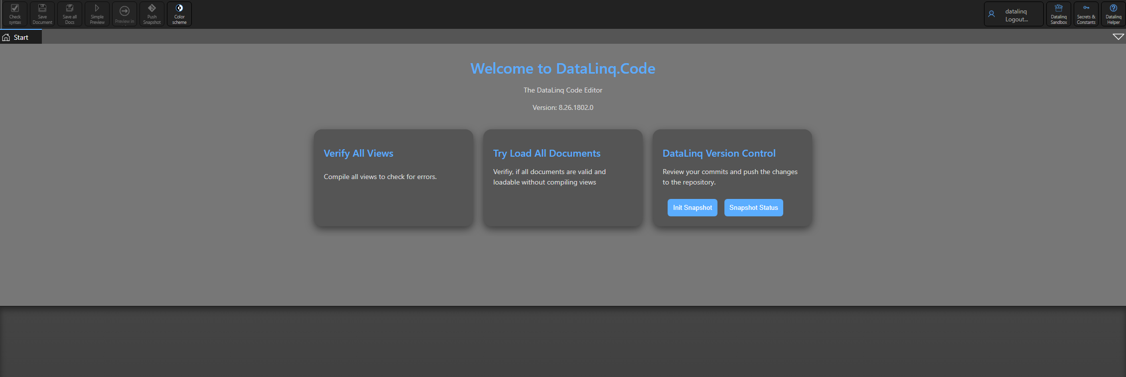 Neue Snapshot-Buttons auf der DataLinq-Startseite