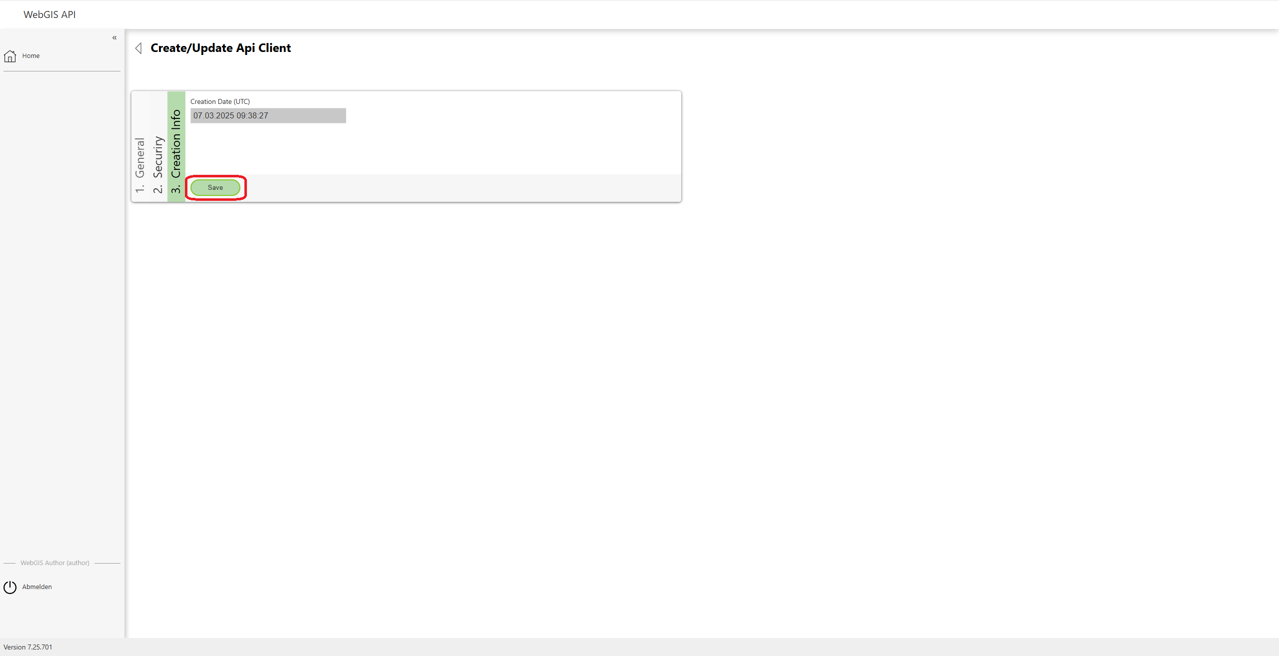 Erstellungsinformationen und Button "Save"