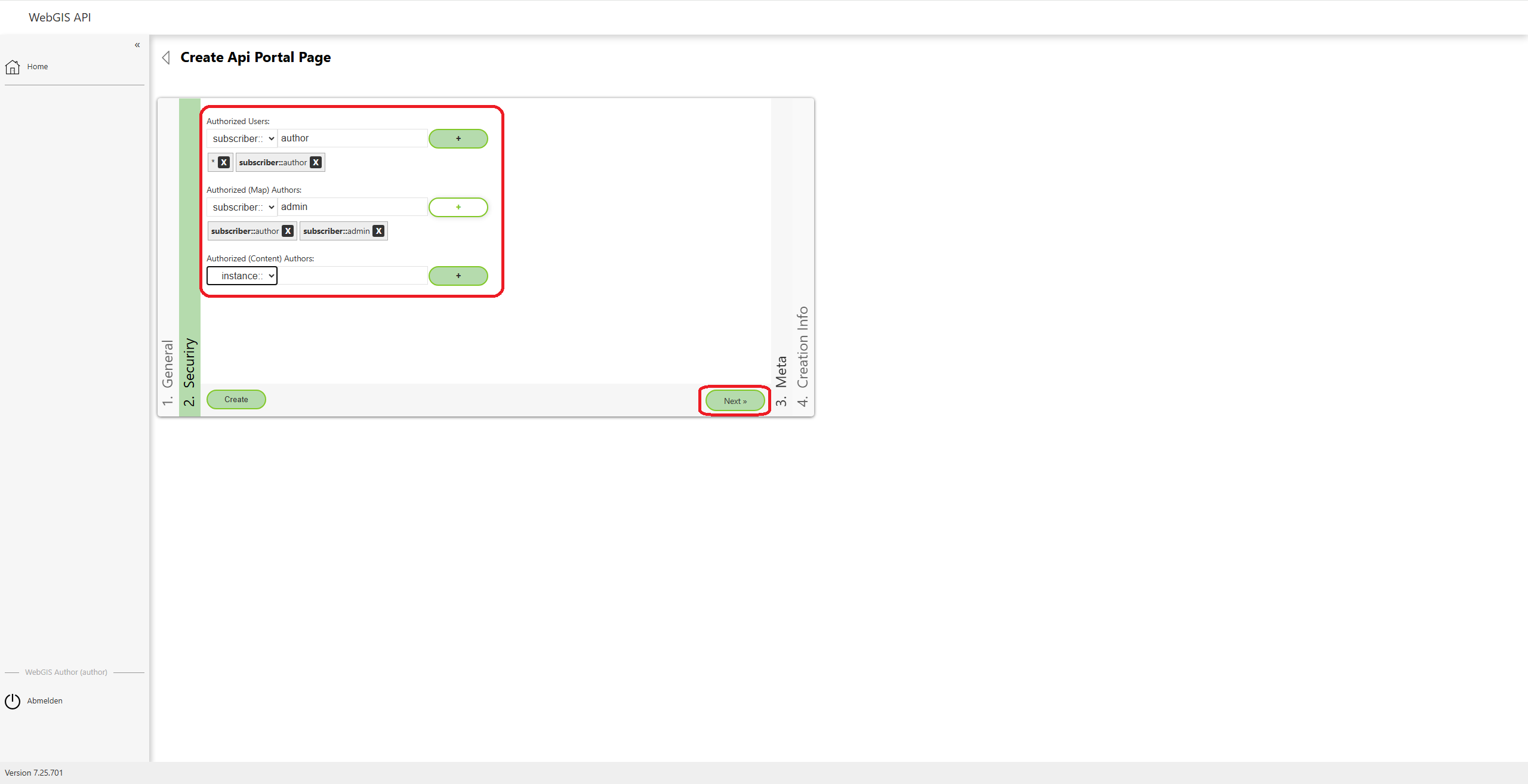 Sicherheits-Einstellungen der Portal Page