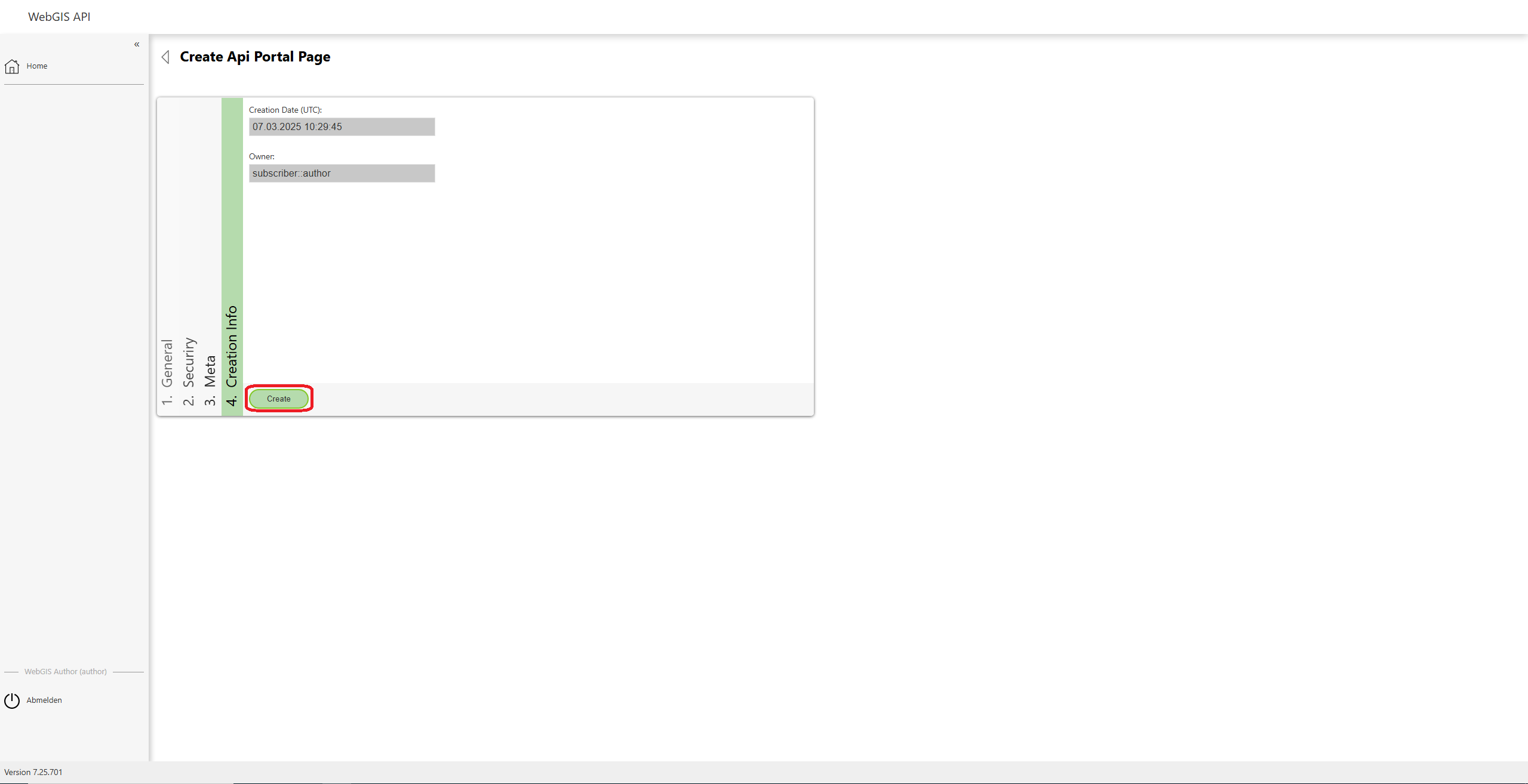 Creation information for the portal page