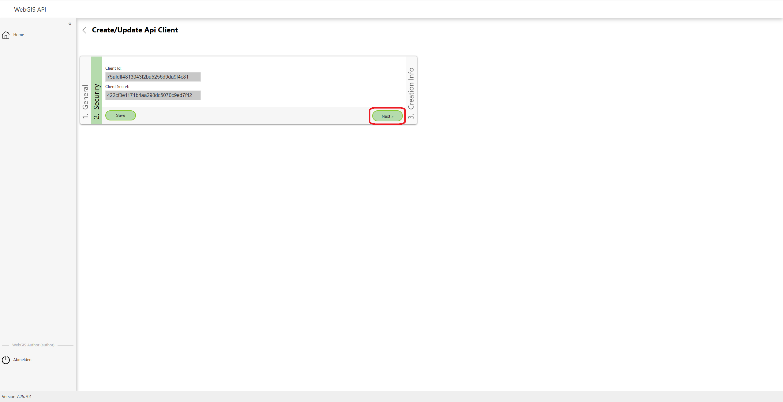 Security information of the API client